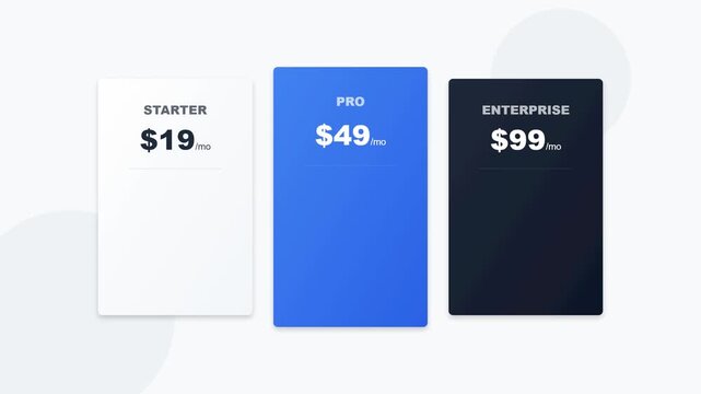 Three tier pricing table animation for website business plans