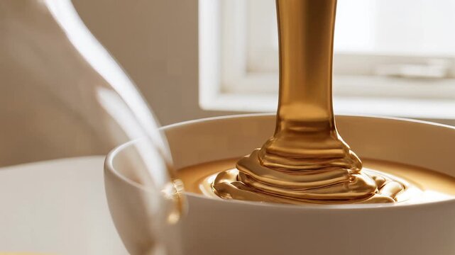Viscous golden syrup pouring into a bowl with soft lighting