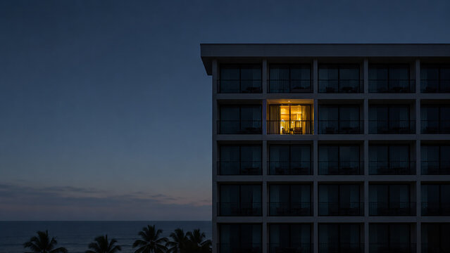 a single brightly illuminated room balcony glowing warm yellow on a dark hotel building facade at twilight above palm trees silhouettes and the ocean