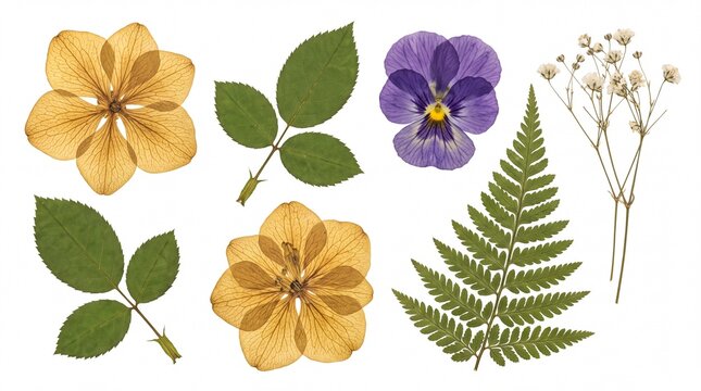 Set of pressed dried flowers and green leaves collection