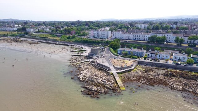 Aerial of Seapoint Beach, Martello Tower and seafront promenade, D&uacute;n Laoghaire, Ireland