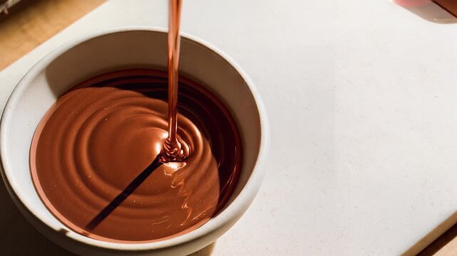 Molten copper liquid pouring into a minimalist white bowl