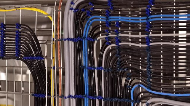 Close-up view of a professional structured cabling installation inside a data center server rack, showing organized network cables, patch panels and enterprise IT infrastructure
