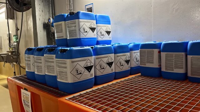 Close-up view of industrial blue plastic jerry cans used for storing chemicals, showing durable storage containers commonly used in manufacturing, laboratories and industrial facilities