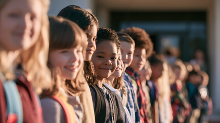 Fototapeta premium A group of children stood in a line, prepared to return to school