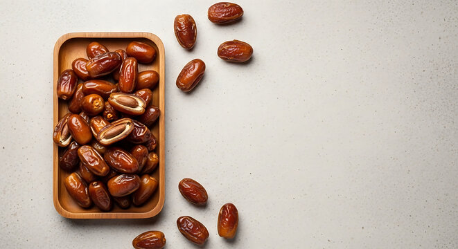 Top view of sweet dried date fruits served on a wooden tray.