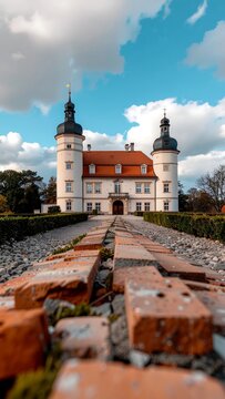 Historic European castle with moat and towering spires.