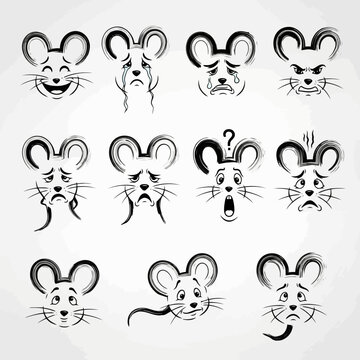 A collection of various hand drawn rodent faces shows different emotions and reactions including happiness sadness anger surprise and confusion for creative projects needing expressive cartoon