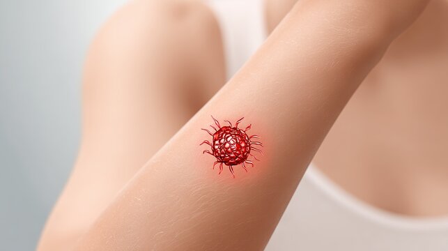 Medical 3D illustration of Lyme disease, tick-borne infectious illness caused by Borrelia bacteria, erythema migrans rash on human skin, patient symptoms, microbiology visualization of pathogen 