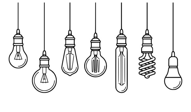Hanging Light Bulb String Illustration Black Outline Vector Collection