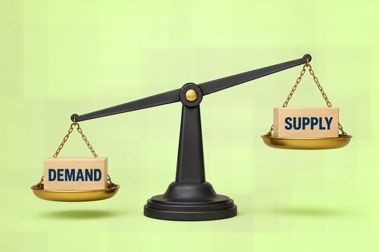 3D Balance Scale Showing Demand Greater Than Supply on Light Green Background