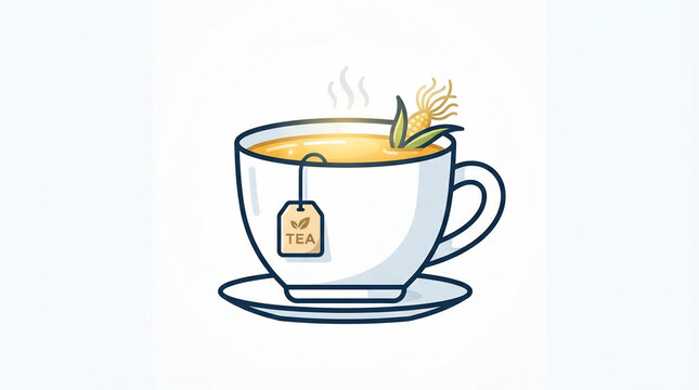 Vector illustration of a cup of hot herbal tea with tea bag and corn silk garnish, isolated on white background