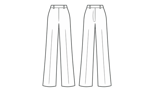 Technical fashion sketch of wide leg trousers showing front and back views for apparel design production