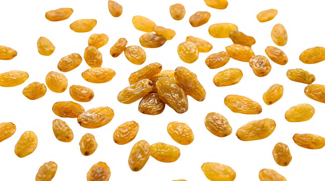 Golden raisins scattered isolated on transparent background for food photography transparent background