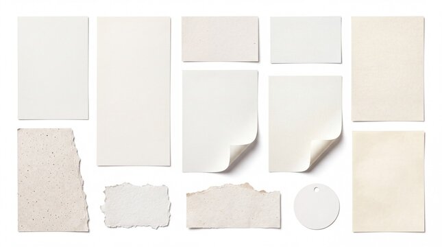 Set of various blank paper sheets and torn card scraps