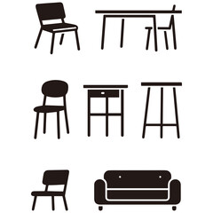 Fototapeta premium Furniture Icon Set Featuring Various Chairs, Desk, Table, Stool, and Sofa Vector Silhouettes Isolated on White Background for Interior Design
