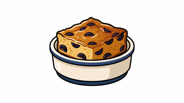Delicious baked bread pudding dessert in a ceramic bowl vector illustration isolated on white