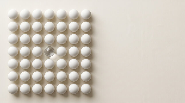White spheres grid with one transparent glass sphere for anomaly detection