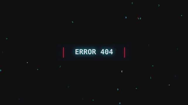 Error 404 message appearing on dark digital screen, glitch effect with flickering lines, abstract letters scattering.