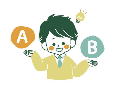 比較をしている笑顔の男子学生