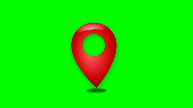 Red map pin marker bouncing on chroma key green screen with soft shadows for travel marketing
