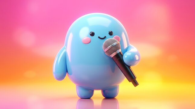 Cute blue character singing into a microphone.