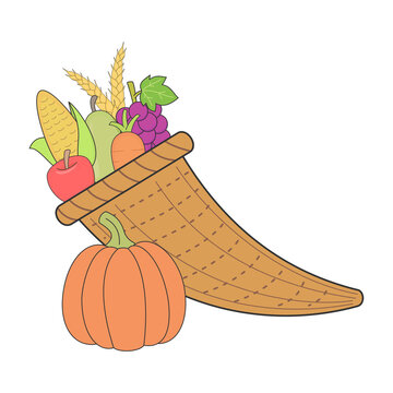 Flat style sticker illustration of a thanksgiving cornucopia with autumn harvest isolated on transparent background. Horn of plenty clip art graphic icon element for holiday project asset.