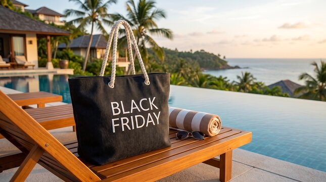 Black Friday tote bag on tropical pool lounge