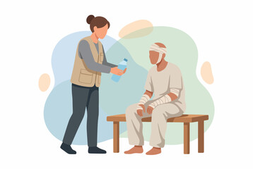 Obraz premium Aid Worker Providing Water and First Aid to Burn Victim