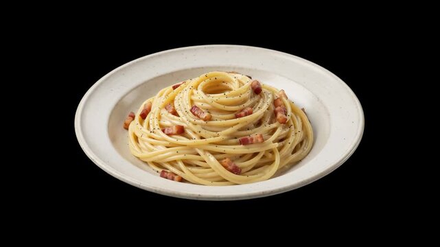 A delicious plate of traditional Italian spaghetti carbonara with crispy guanciale or pancetta, egg yolk, and pecorino romano cheese sauce, isolated against a solid black backdrop. Perfect for gourmet