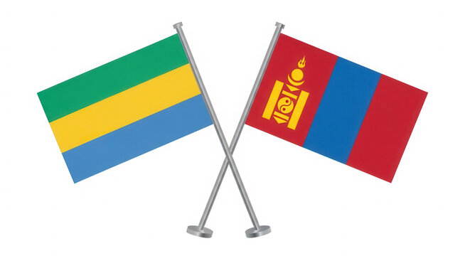 Crossed flags of gabon and mongolia on a simple pole design isolated on transparent background