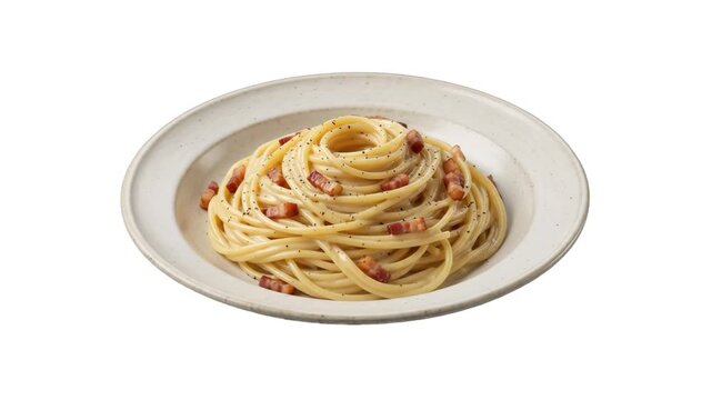 A appetizing 3D render of traditional Italian spaghetti carbonara with pancetta guanciale bits and creamy egg cheese sauce, neatly plated on a white ceramic plate, isolated on a clean white background