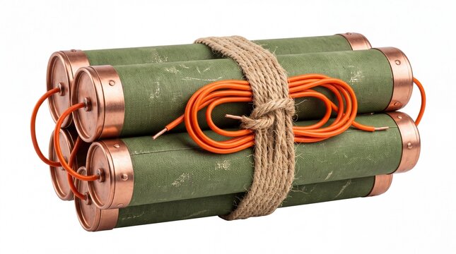 Dynamite sticks wrapped together with thick rope and copper caps isolated on white background