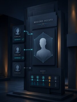 Electronic health record system dark mode security terminal highlighting user permissions, audit logs, and secure health data exchange.