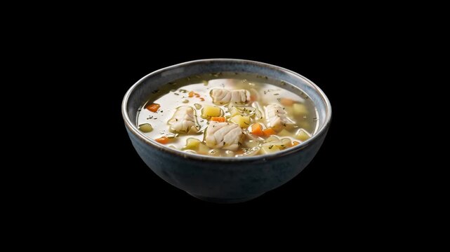 A detailed 3D model of a bowl of creamy fish chowder soup filled with chunks of tender fish, potatoes, and vegetables, isolated against a solid dark black studio backdrop. Designed for seafood restaur