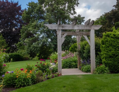 Serene garden pathway with wooden arch and blooming flowers.