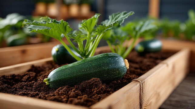Fresh green zucchini squash growing in a wooden raised bed in a vegetable garden