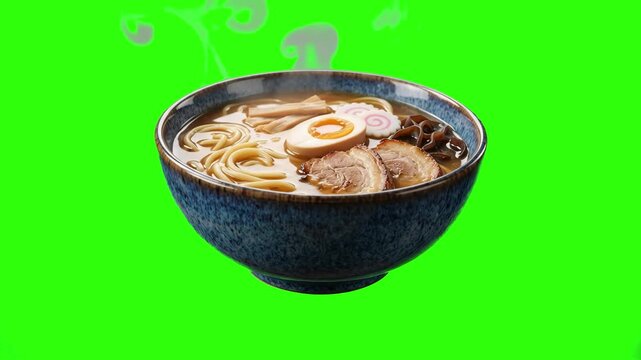 A steaming ceramic bowl of traditional Japanese ramen noodle soup topped with sliced chashu pork, a boiled egg, bamboo shoots, and narutomaki fish cake, isolated on a chroma key green screen backgroun