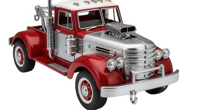 Classic red vintage tow truck with chrome details and big engine isolated on transparent background