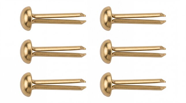 Brass split pins arranged in two columns for office organization isolated studio shot on white background