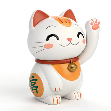 Cute 3D render of a Japanese lucky cat Maneki Neko figurine waving paw isolated on white background.