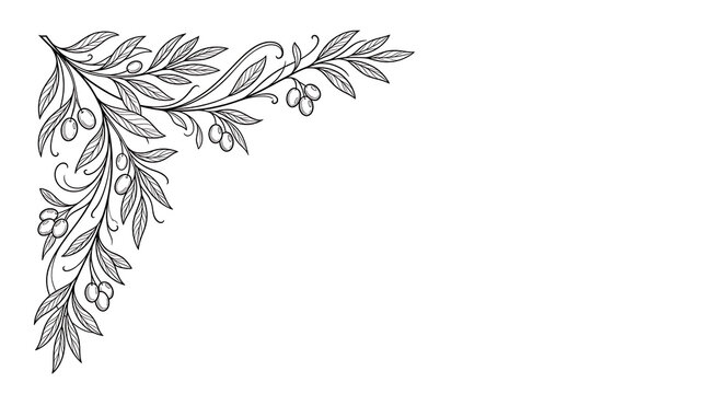 Elegant hand drawn olive branch corner frame design element for invitations and stationery.