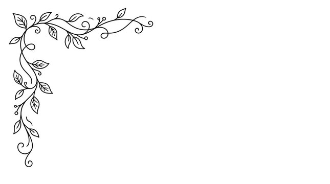 Elegant hand drawn floral corner border design with leaves and swirls on white background.