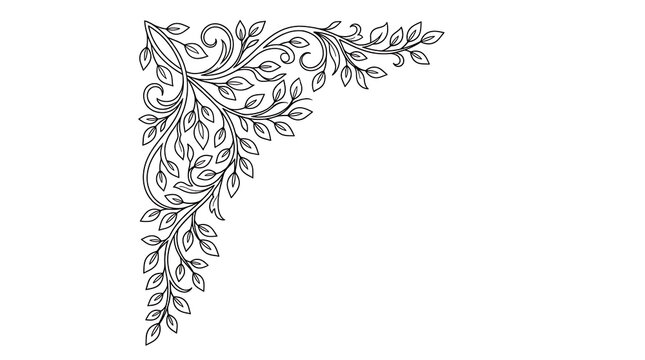 Elegant hand drawn floral corner border design with intricate leaves and swirling vines.