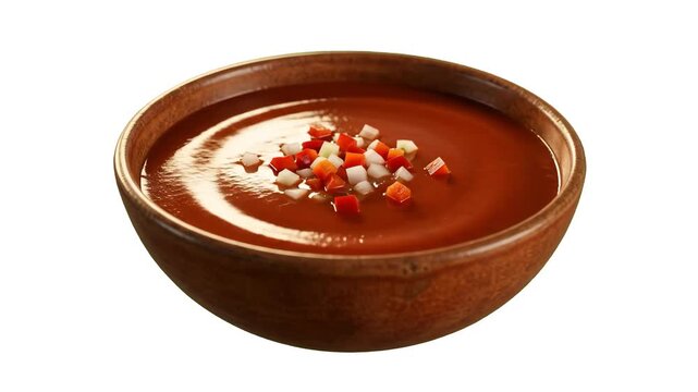 A vibrant 3D render of classic Spanish gazpacho cold tomato soup topped with finely diced red bell peppers and cucumbers in a clay bowl, isolated on a solid white background. Great for Mediterranean r