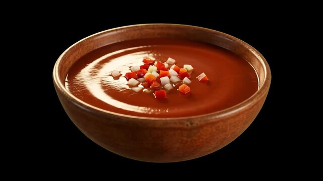 A large ceramic bowl of smooth, red tomato Gazpacho, topped with a precise central garnish of finely diced mixed vegetables (peppers, cucumber, onion), against a high-contrast dark background. This so