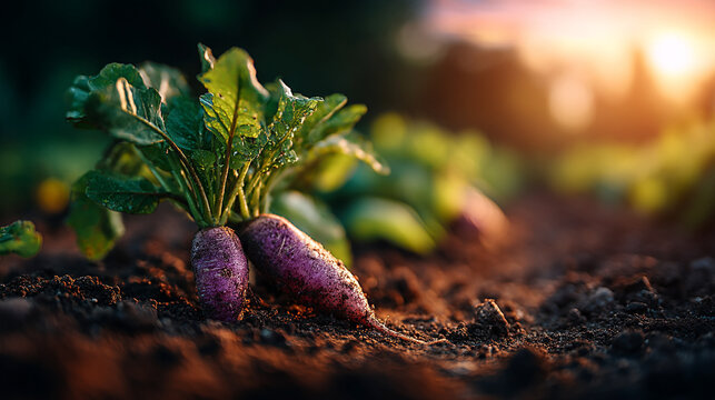 Sunlit organic purple carrots growing in garden soil at golden hour with vegetable, sunlight