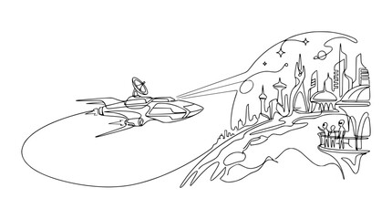 Fototapeta premium Futuristic spaceship flies towards a utopian city skyline on alien planet