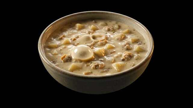 A dramatic presentation of a steaming bowl of New England clam chowder filled with potatoes and seafood, set against a solid black backdrop to accentuate the rich texture. Great for gourmet food adver