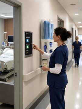 electronic health record system touchscreen panel showing room status and infection control protocols in hospital hallway